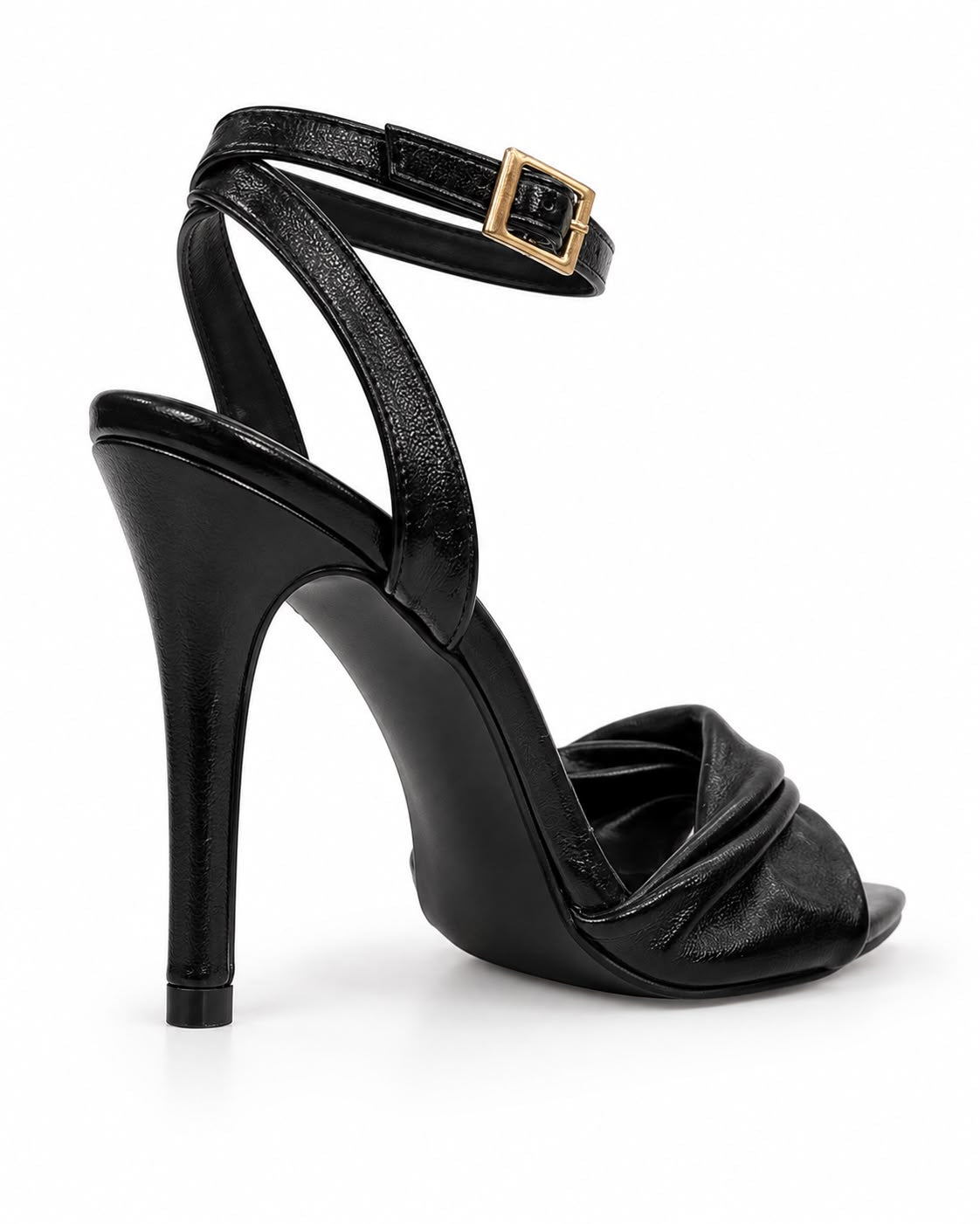 Zapatilla Negra De Tacón Alto Y Punta Fina, Con Tiras Cruzadas Al Frente Y Pulsera Ajustable