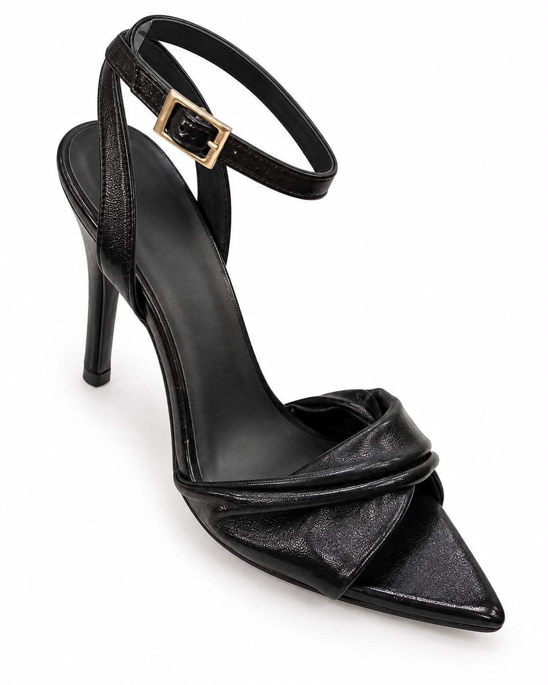 Zapatilla Negra De Tacón Alto Y Punta Fina, Con Tiras Cruzadas Al Frente Y Pulsera Ajustable