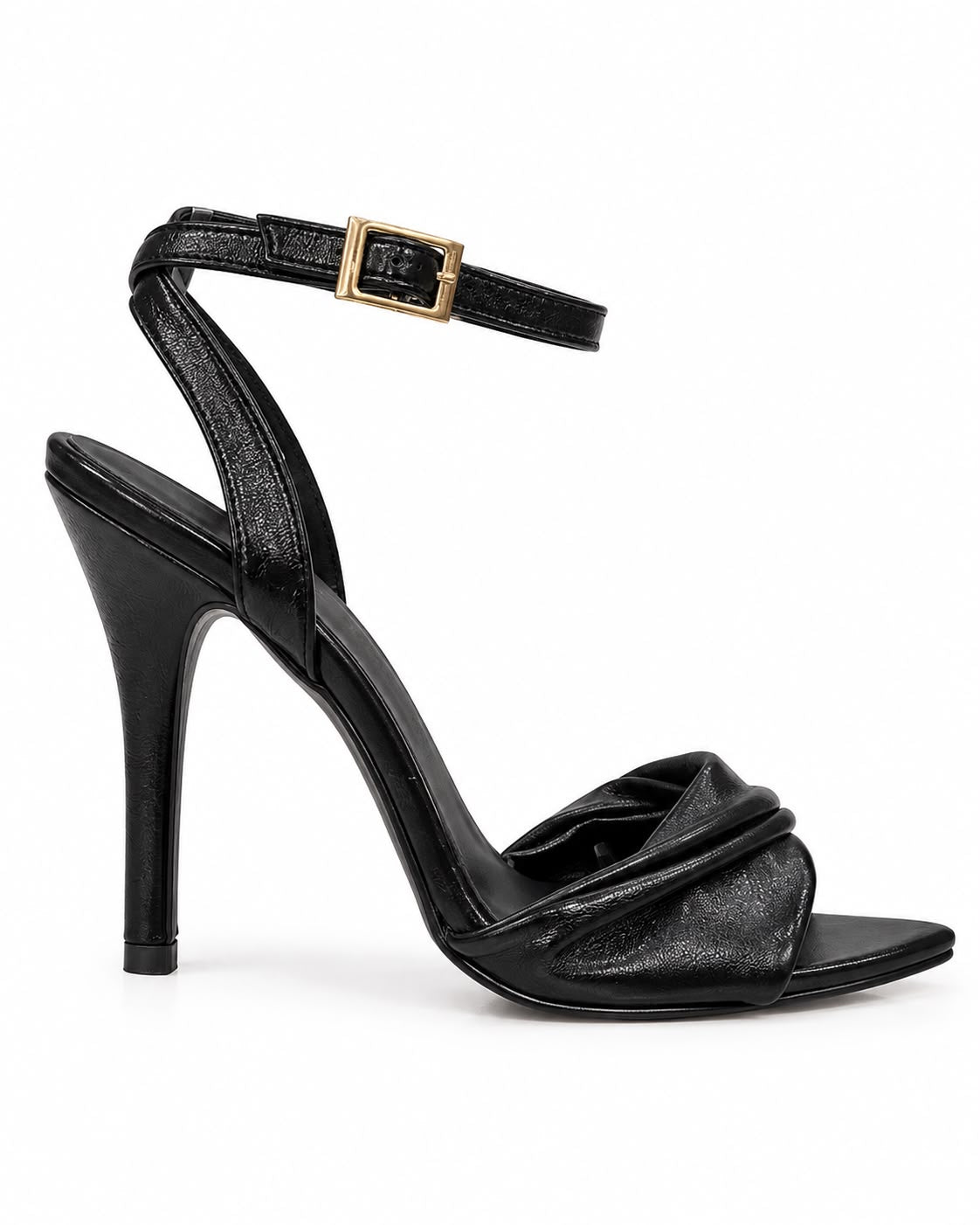 Zapatilla Negra De Tacón Alto Y Punta Fina, Con Tiras Cruzadas Al Frente Y Pulsera Ajustable