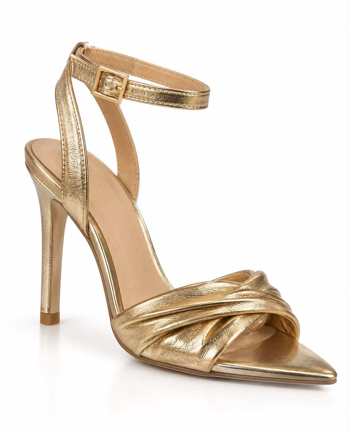 Zapatilla Dorada De Tacón Alto Y Punta Fina, Con Tiras Cruzadas Y Pulsera Ajustable