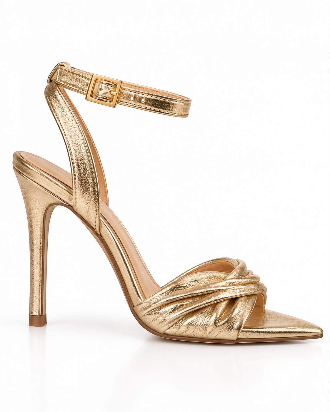 Zapatilla Dorada De Tacón Alto Y Punta Fina, Con Tiras Cruzadas Y Pulsera Ajustable
