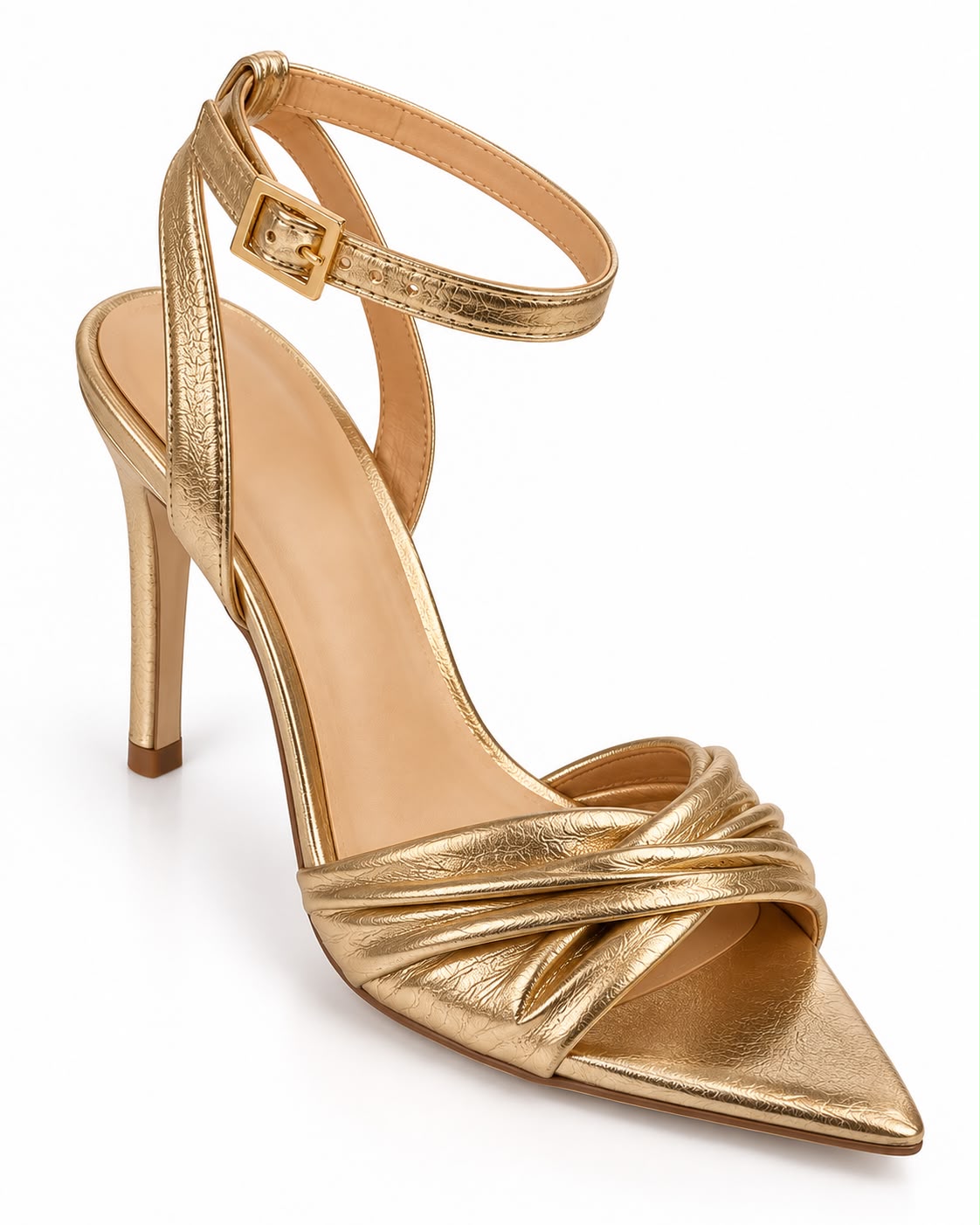 Zapatilla Dorada De Tacón Alto Y Punta Fina, Con Tiras Cruzadas Y Pulsera Ajustable