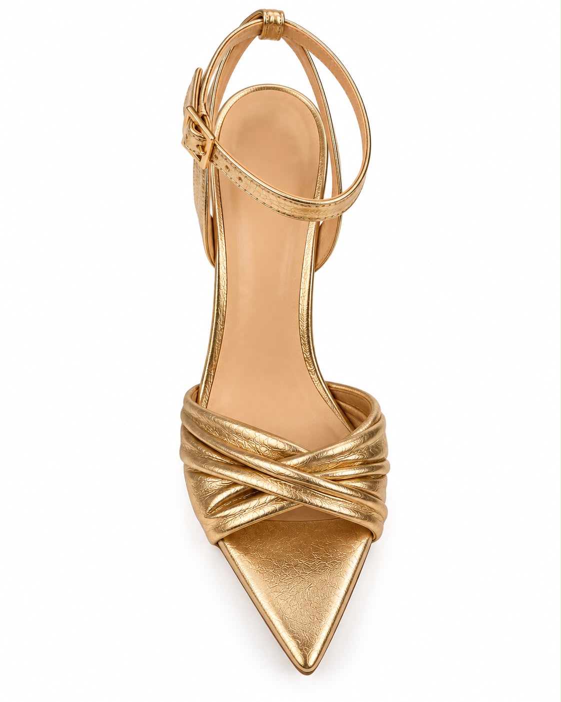 Zapatilla Dorada De Tacón Alto Y Punta Fina, Con Tiras Cruzadas Y Pulsera Ajustable