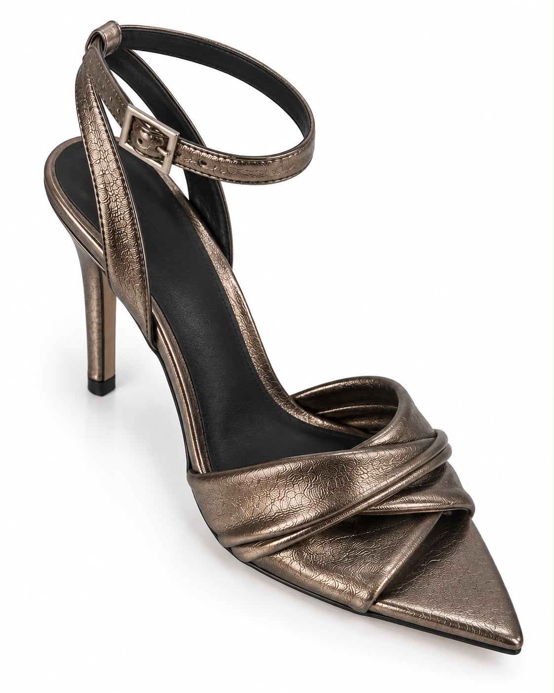 Zapatilla Inox De Tacón Alto Y Punta Fina, Con Tiras Cruzadas Y Pulsera Ajustable