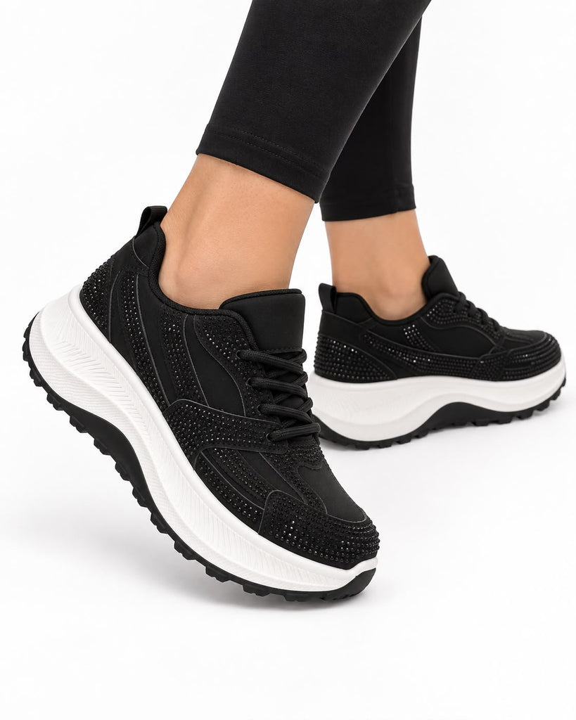 Tenis De Pedrería con Plataforma Corrida Antiderrapante - Negro
