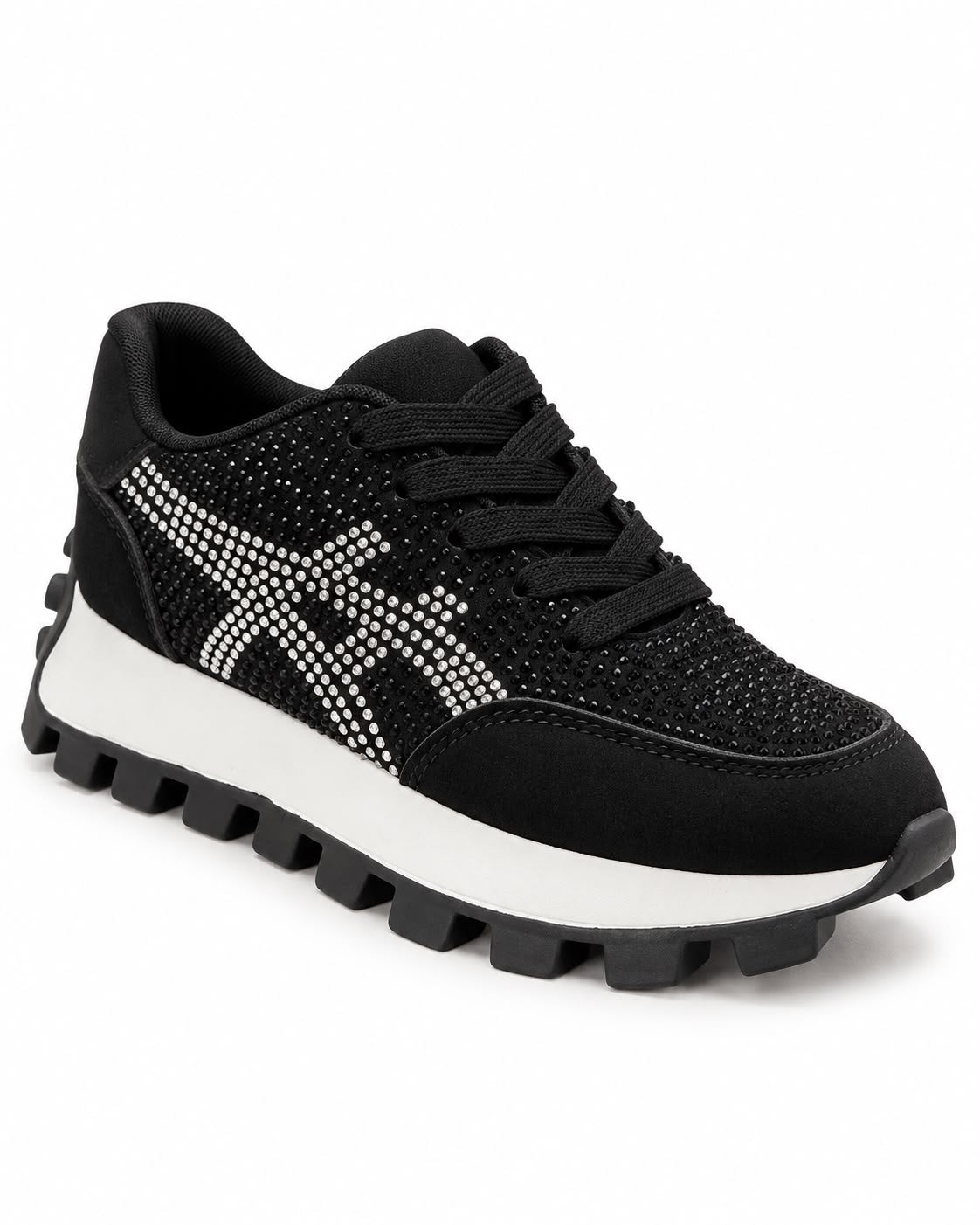 Tenis De Pedrería con Plataforma Corrida Antiderrapante -Negro