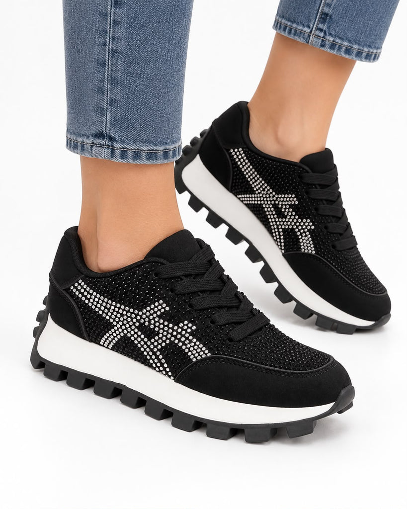 Tenis De Pedrería con Plataforma Corrida Antiderrapante -Negro