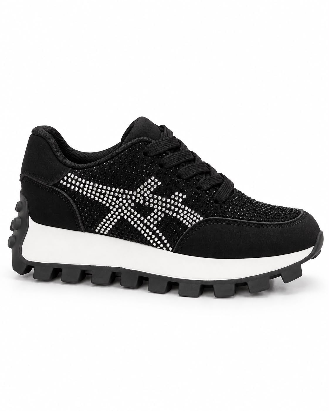 Tenis De Pedrería con Plataforma Corrida Antiderrapante -Negro