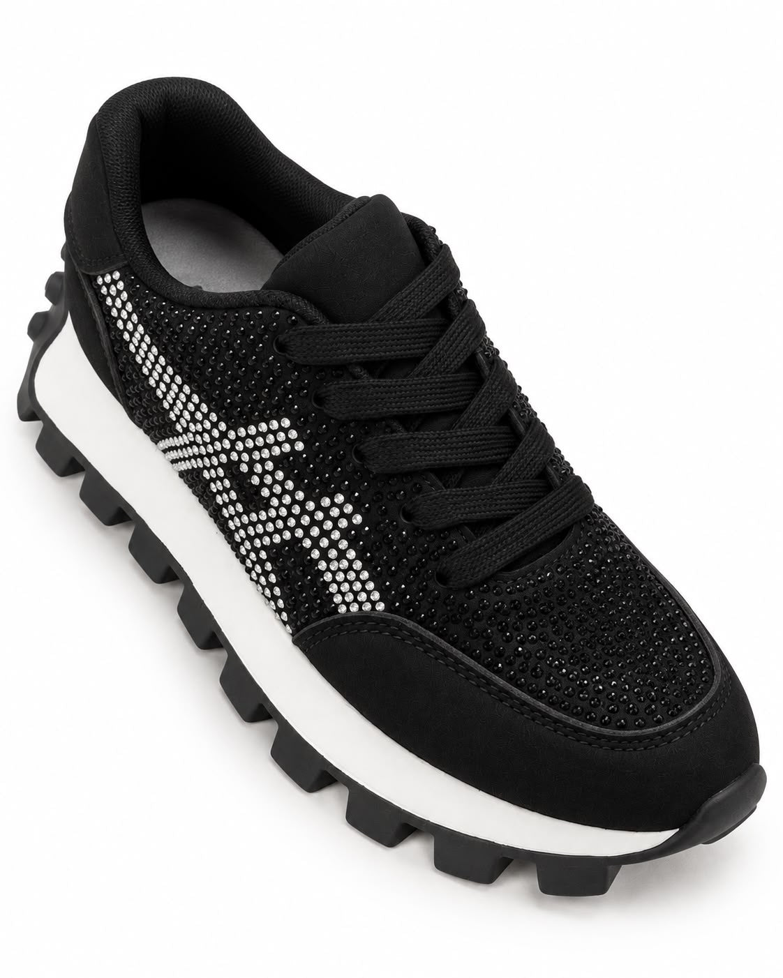 Tenis De Pedrería con Plataforma Corrida Antiderrapante -Negro