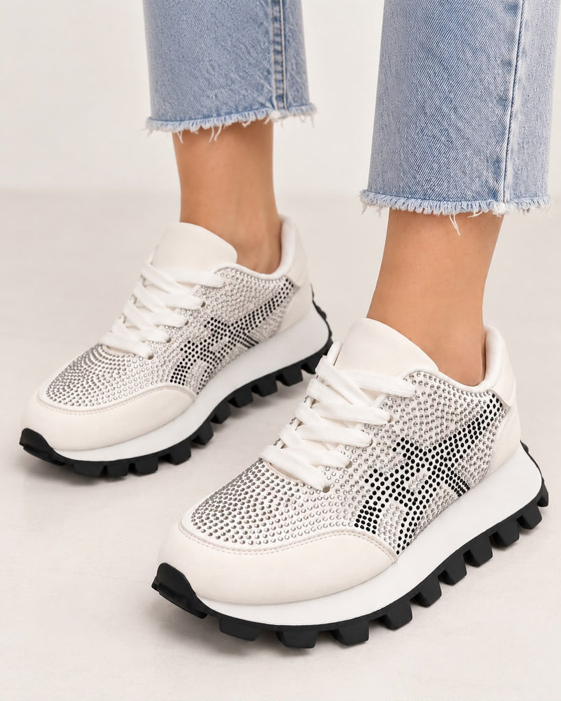 Tenis De Pedrería con Plataforma Corrida Antiderrapante - Blanco