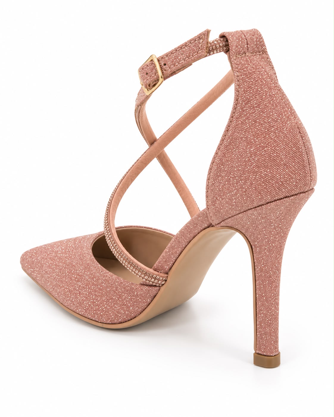 Zapatilla Puntal de Tiras con Pedrería Tacón Fino 10CM  para Mujer-25 | Oro Rosado