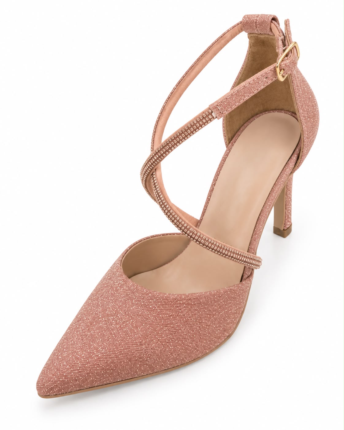 Zapatilla Puntal de Tiras con Pedrería Tacón Fino 10CM  para Mujer-25 | Oro Rosado