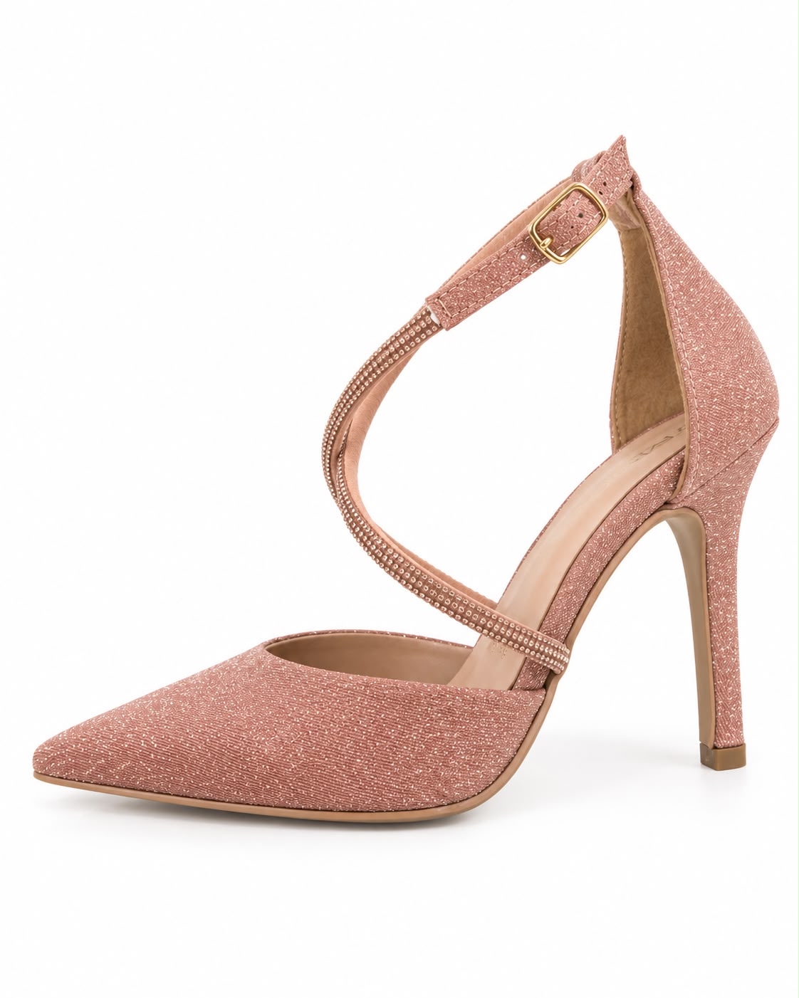Zapatilla Puntal de Tiras con Pedrería Tacón Fino 10CM  para Mujer-25 | Oro Rosado