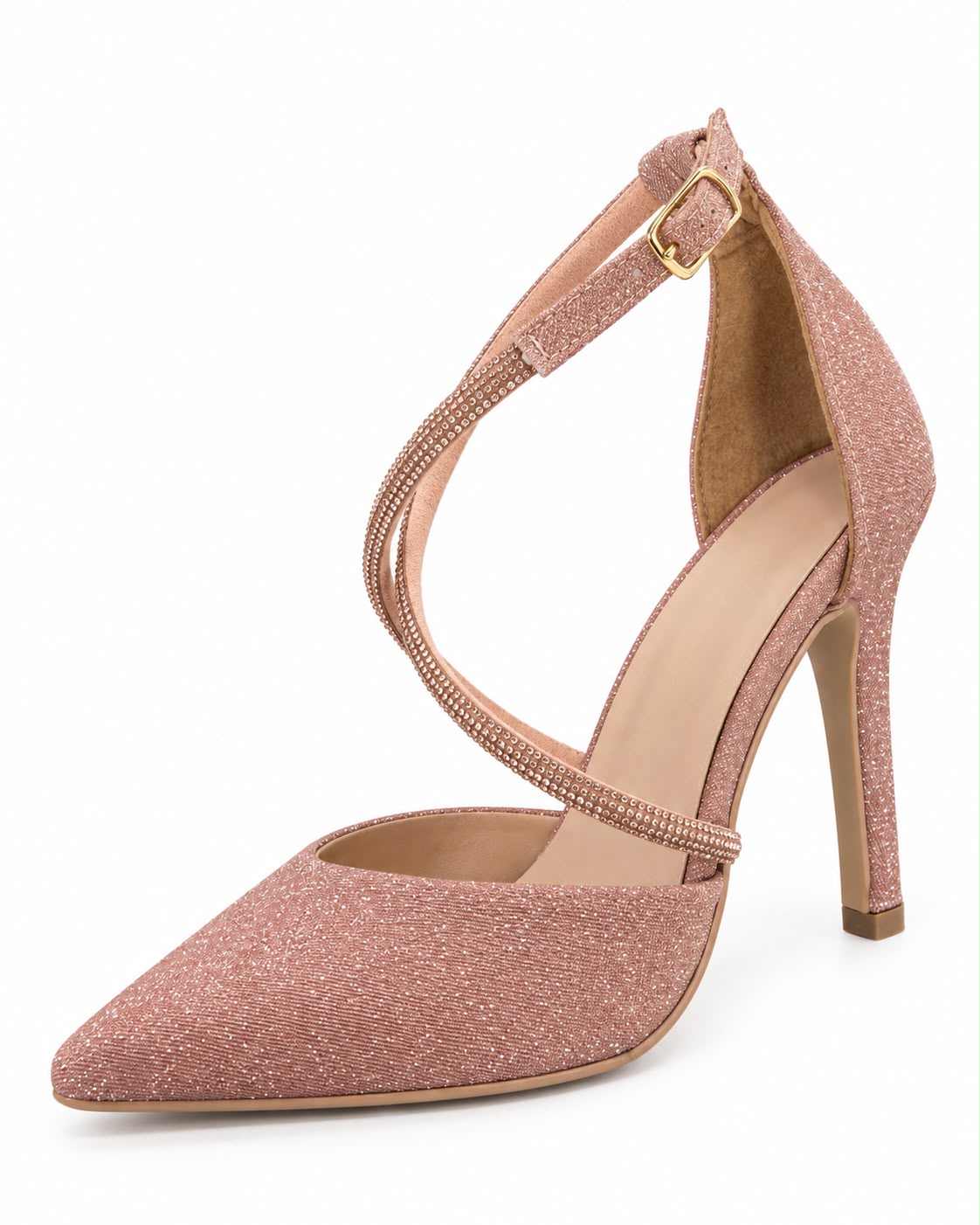 Zapatilla Puntal de Tiras con Pedrería Tacón Fino 10CM  para Mujer-25 | Oro Rosado