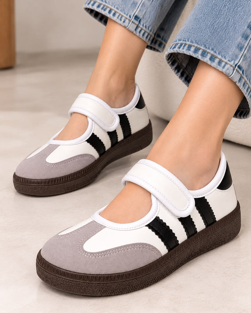 Tenis Flat Estilo Retro Deportivo con Broche 1CM para Mujer-03| Blanco Negro