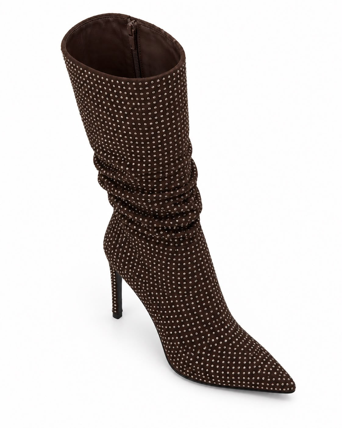 Bota Cafe Larga De Pedreria Tacon De Aguja Comoda 10 CM Para Mujer