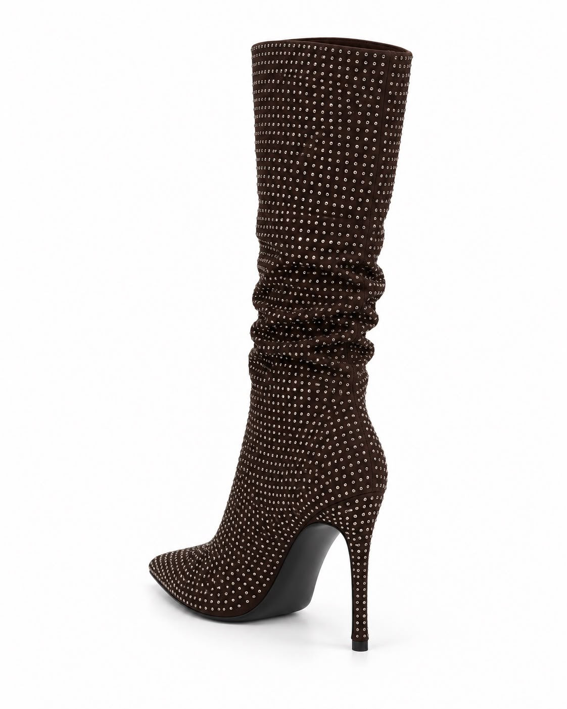 Bota Cafe Larga De Pedreria Tacon De Aguja Comoda 10 CM Para Mujer