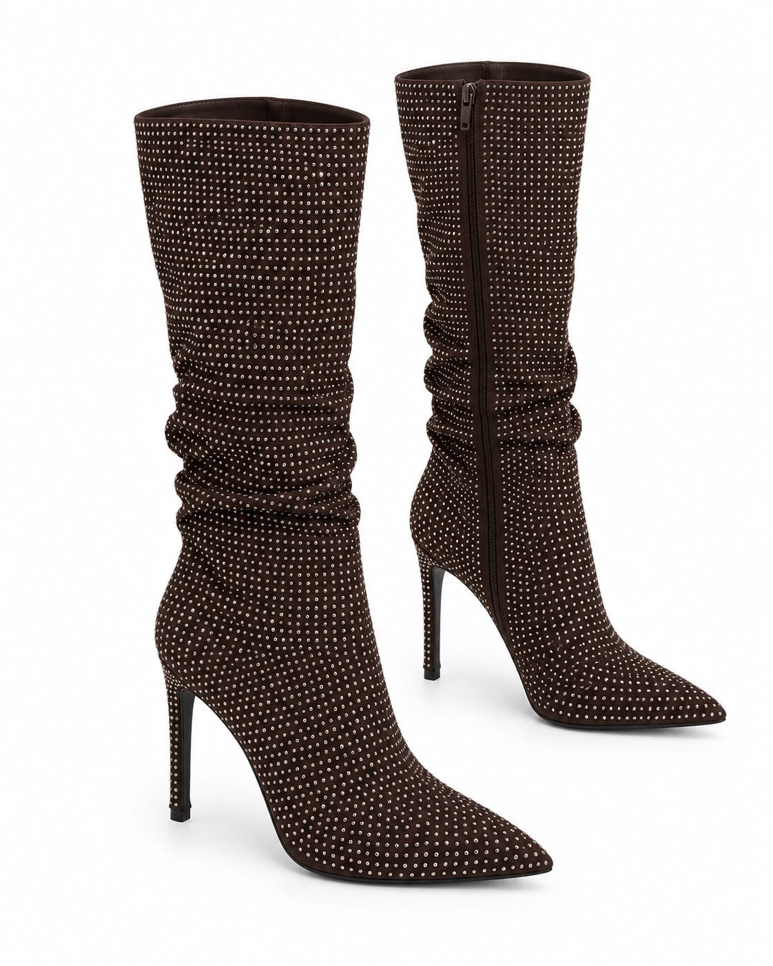 Bota Cafe Larga De Pedreria Tacon De Aguja Comoda 10 CM Para Mujer