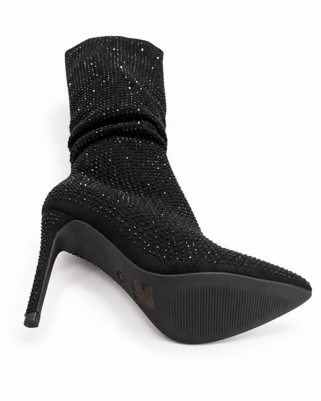 Bota Negra Larga De Pedreria Tacon De Aguja Comoda 10 CM Para Mujer