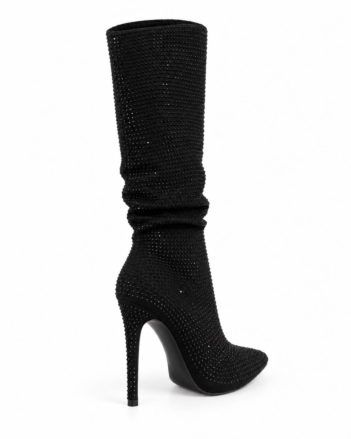 Bota Negra Larga De Pedreria Tacon De Aguja Comoda 10 CM Para Mujer