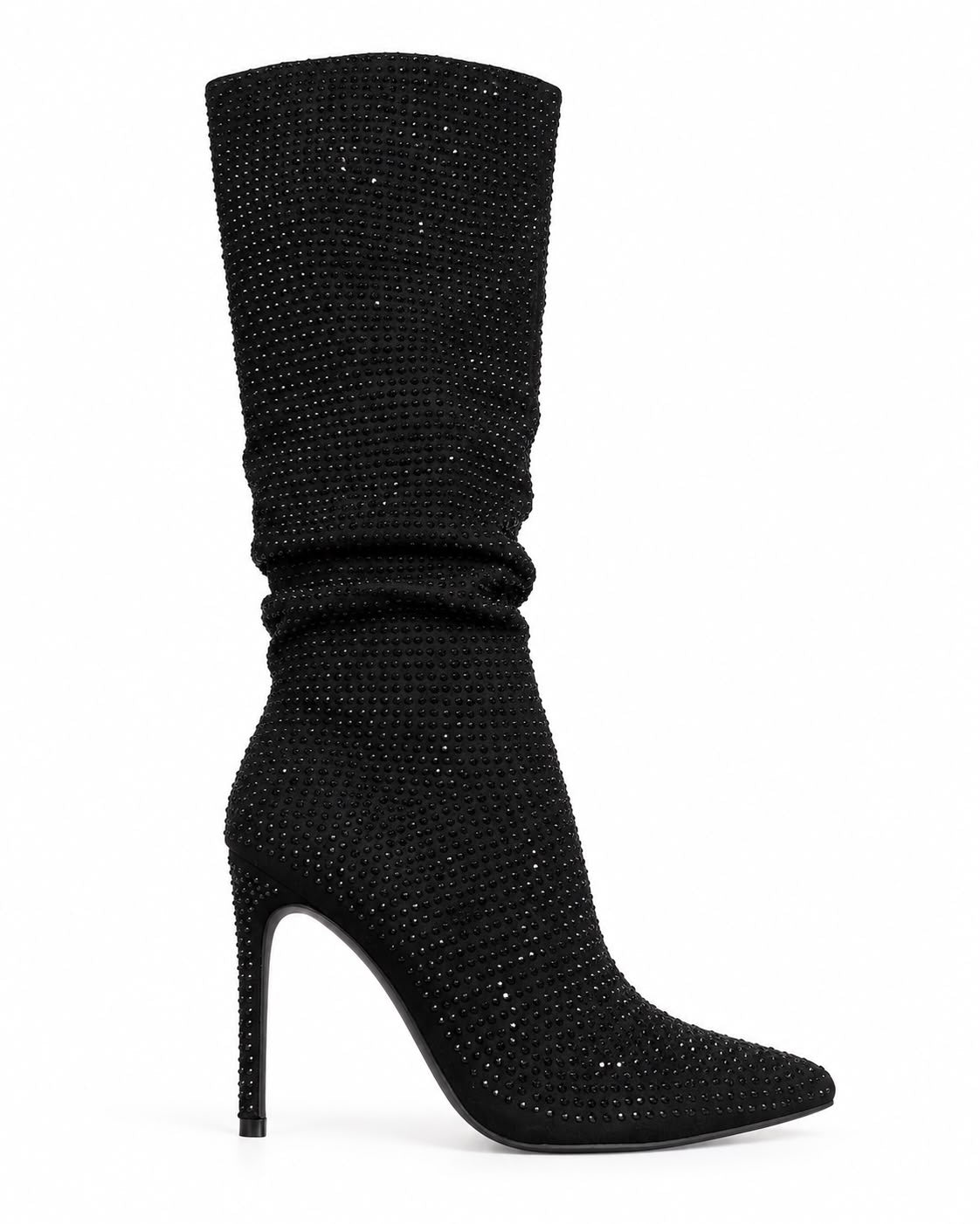 Bota Negra Larga De Pedreria Tacon De Aguja Comoda 10 CM Para Mujer