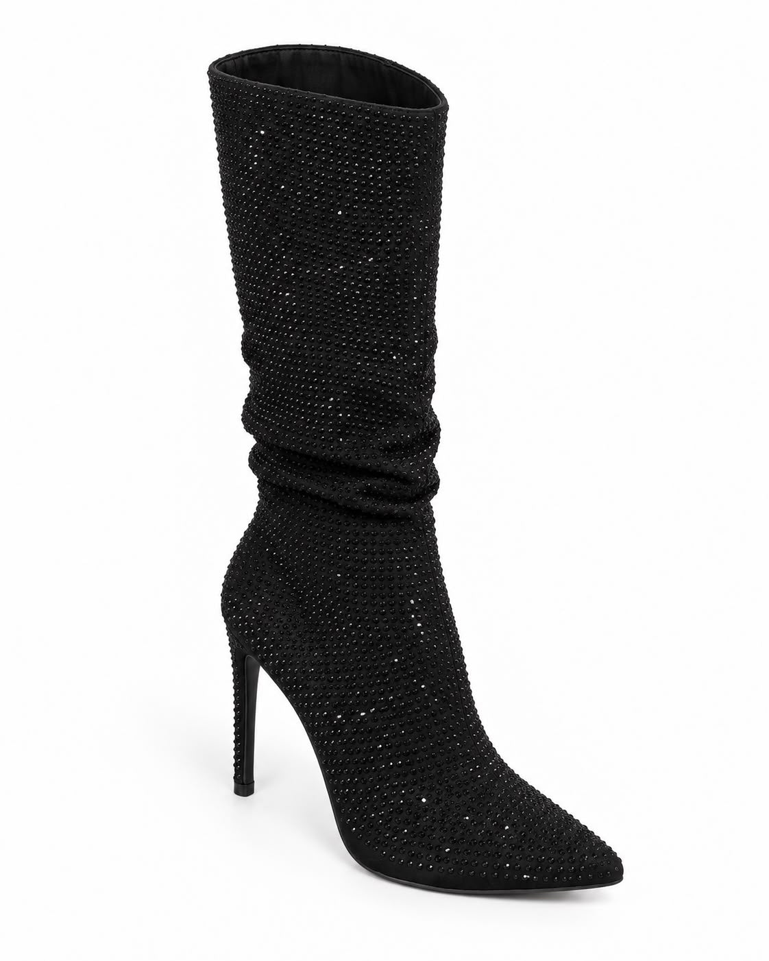Bota Negra Larga De Pedreria Tacon De Aguja Comoda 10 CM Para Mujer