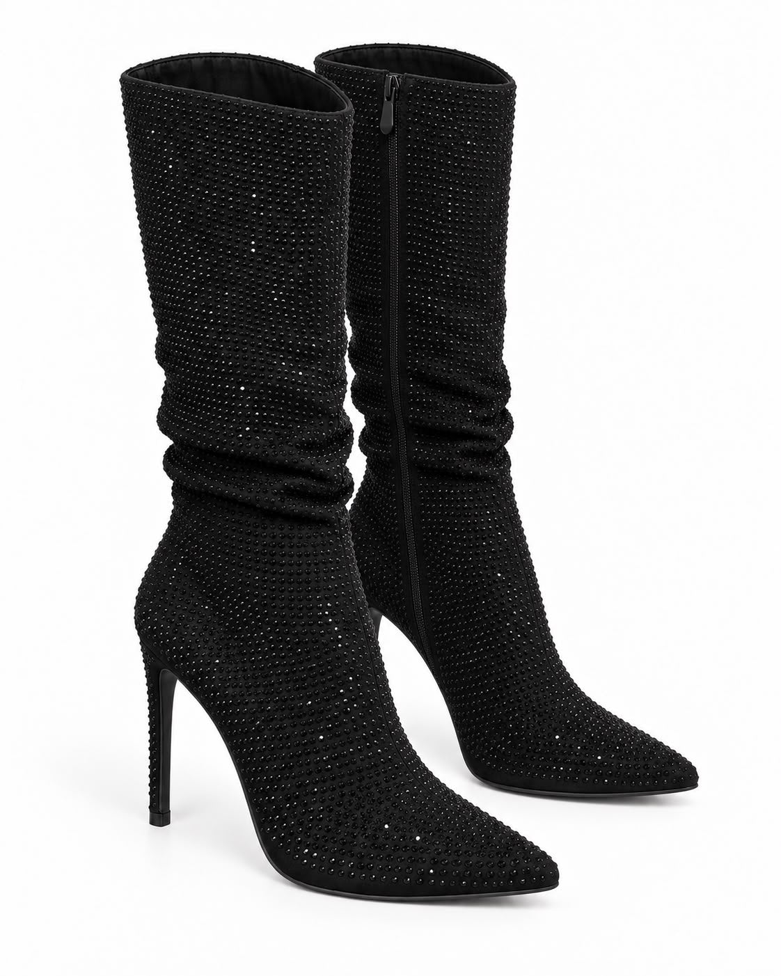 Bota Negra Larga De Pedreria Tacon De Aguja Comoda 10 CM Para Mujer
