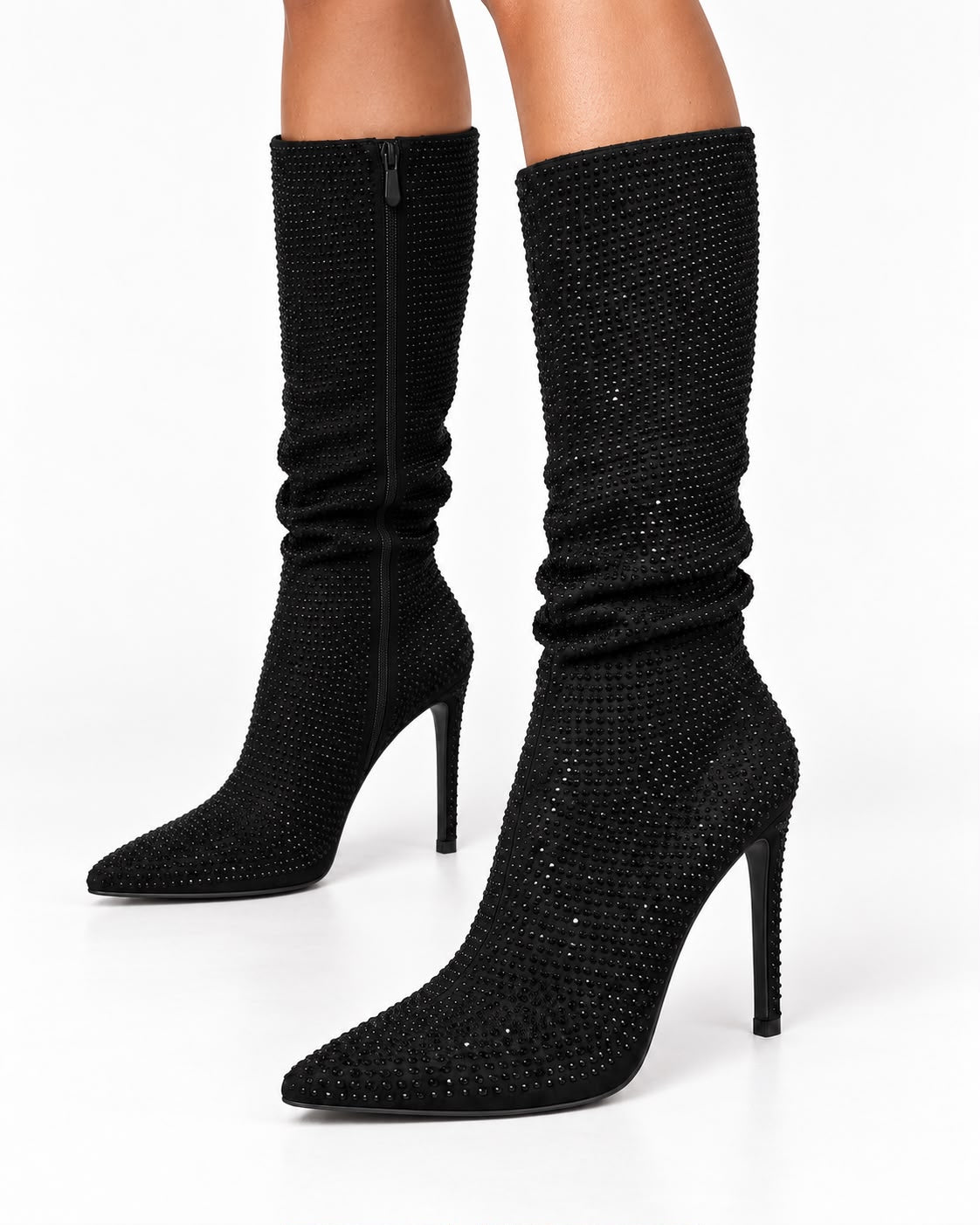 Bota Negra Larga De Pedreria Tacon De Aguja Comoda 10 CM Para Mujer