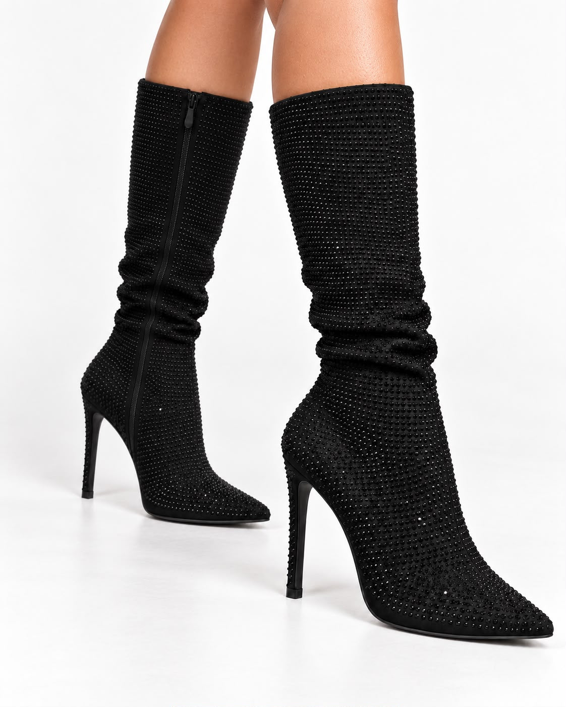Bota Negra Larga De Pedreria Tacon De Aguja Comoda 10 CM Para Mujer