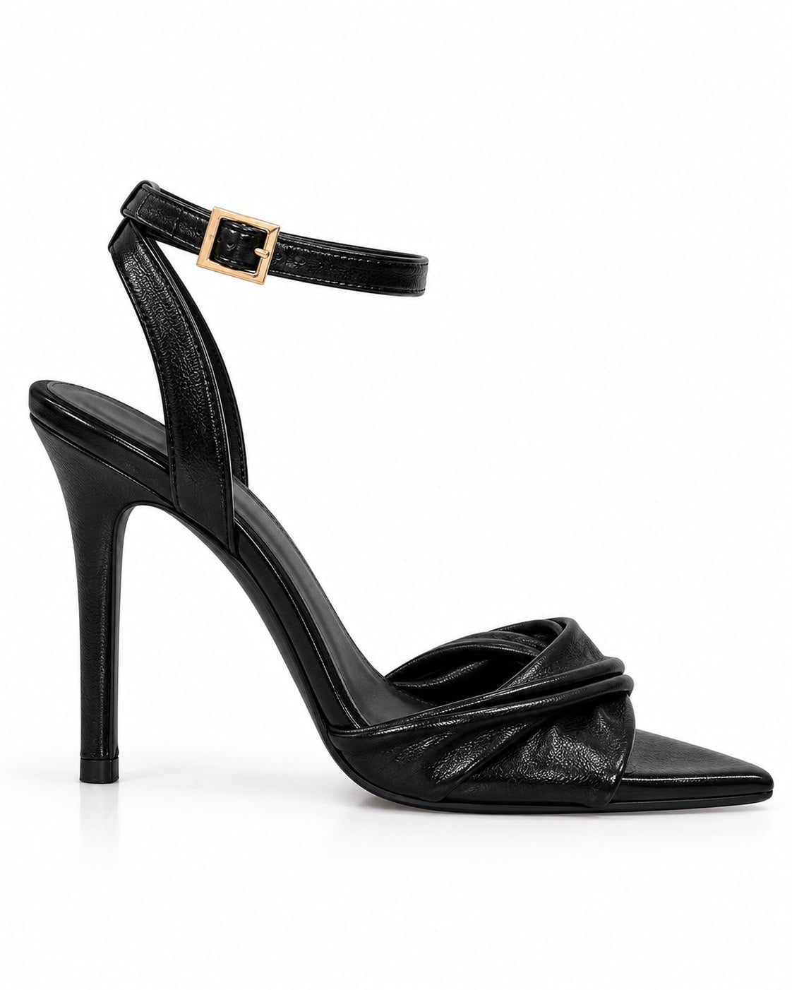Zapatilla Negra De Tacón Alto Y Punta Fina, Con Tiras Cruzadas Al Frente Y Pulsera Ajustable
