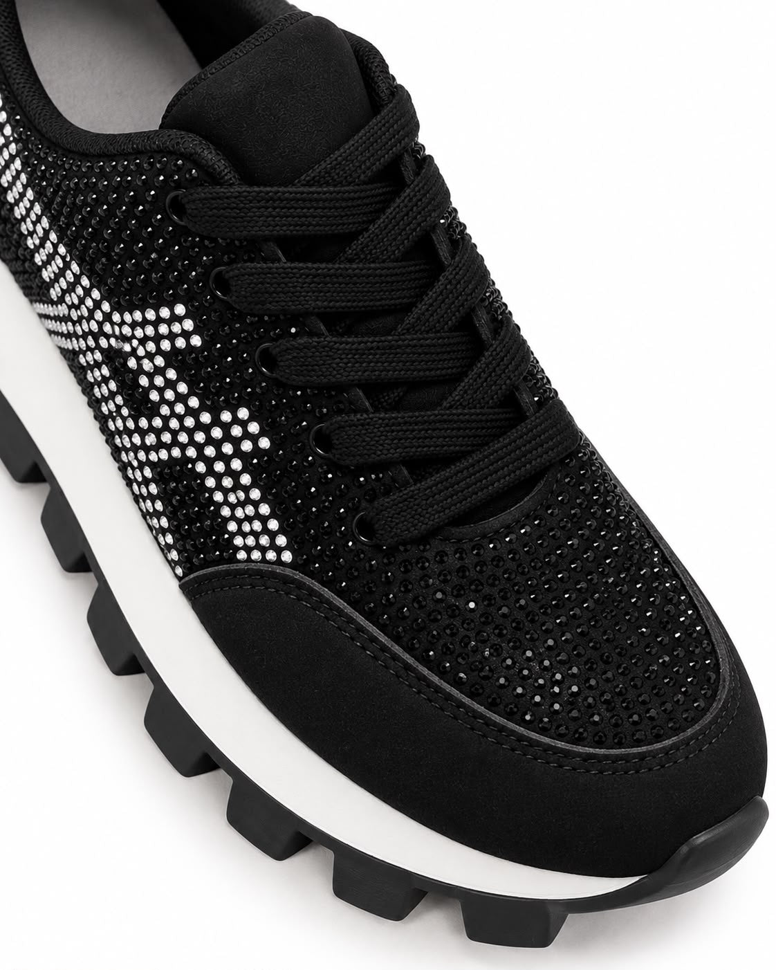 Tenis De Pedrería con Plataforma Corrida Antiderrapante -Negro