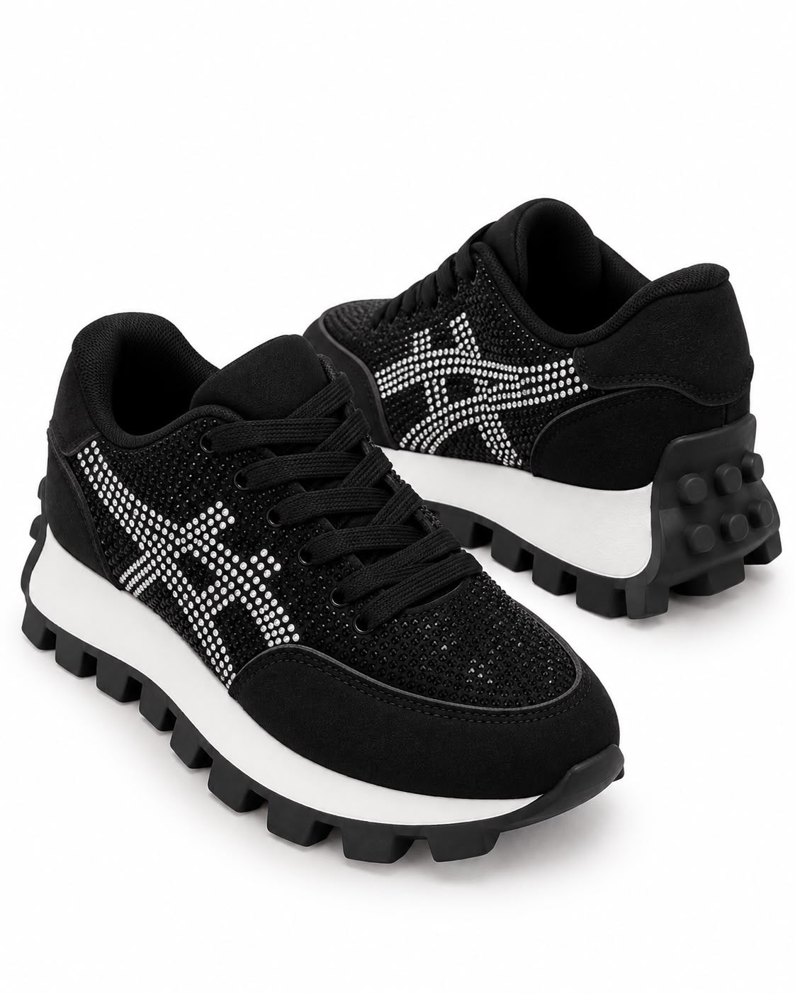 Tenis De Pedrería con Plataforma Corrida Antiderrapante -Negro