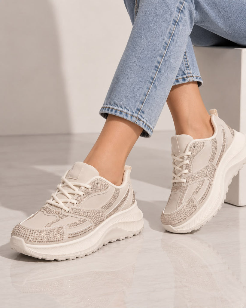 Tenis De Pedrería con Plataforma Corrida Antiderrapante - Latte