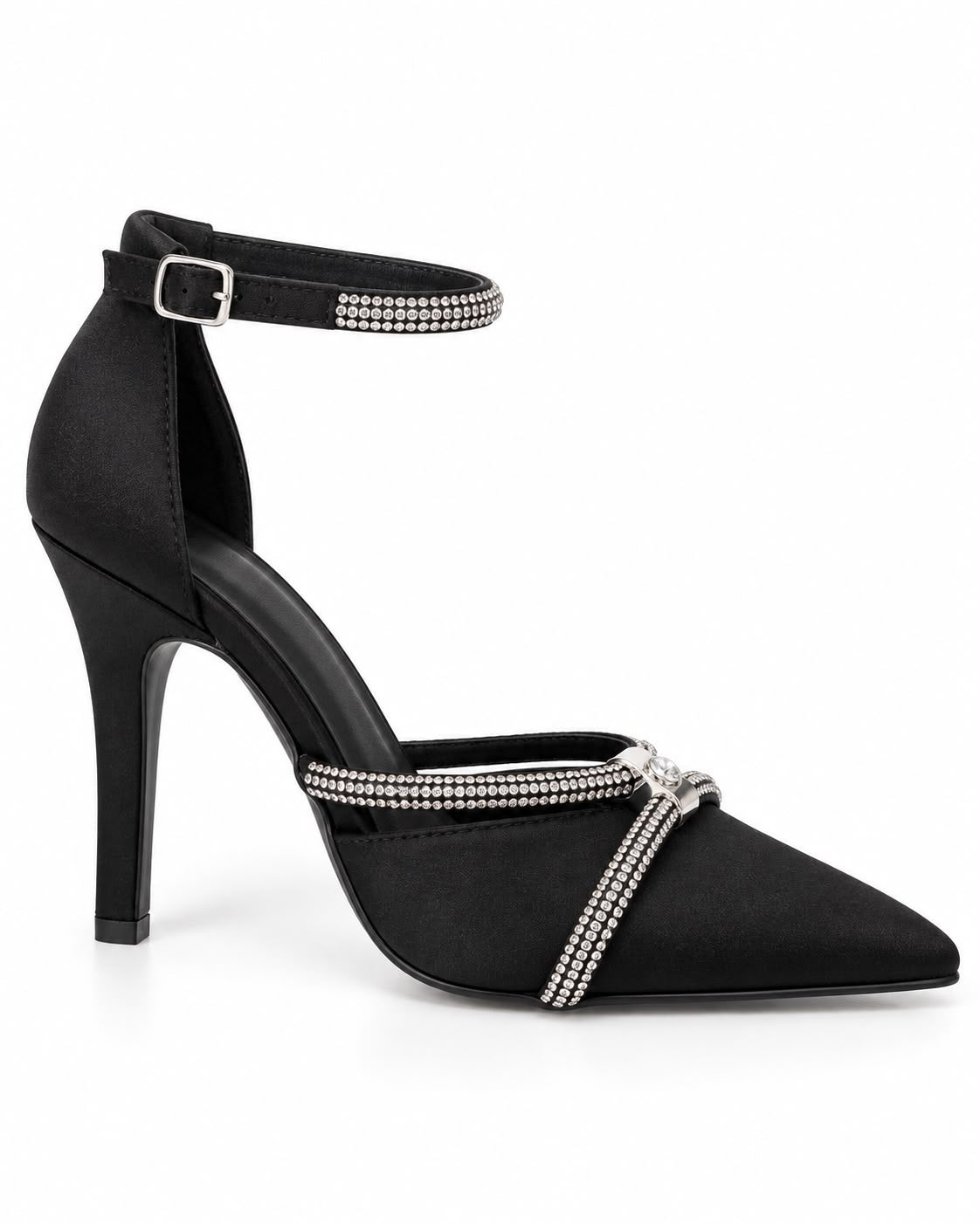 Zapatilla de Fiesta Tiras Cruzadas Con Pedrería Tacón 10CM- Negro