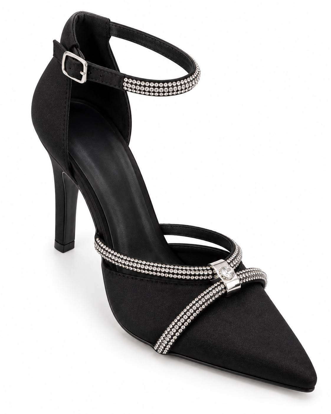 Zapatilla de Fiesta Tiras Cruzadas Con Pedrería Tacón 10CM- Negro