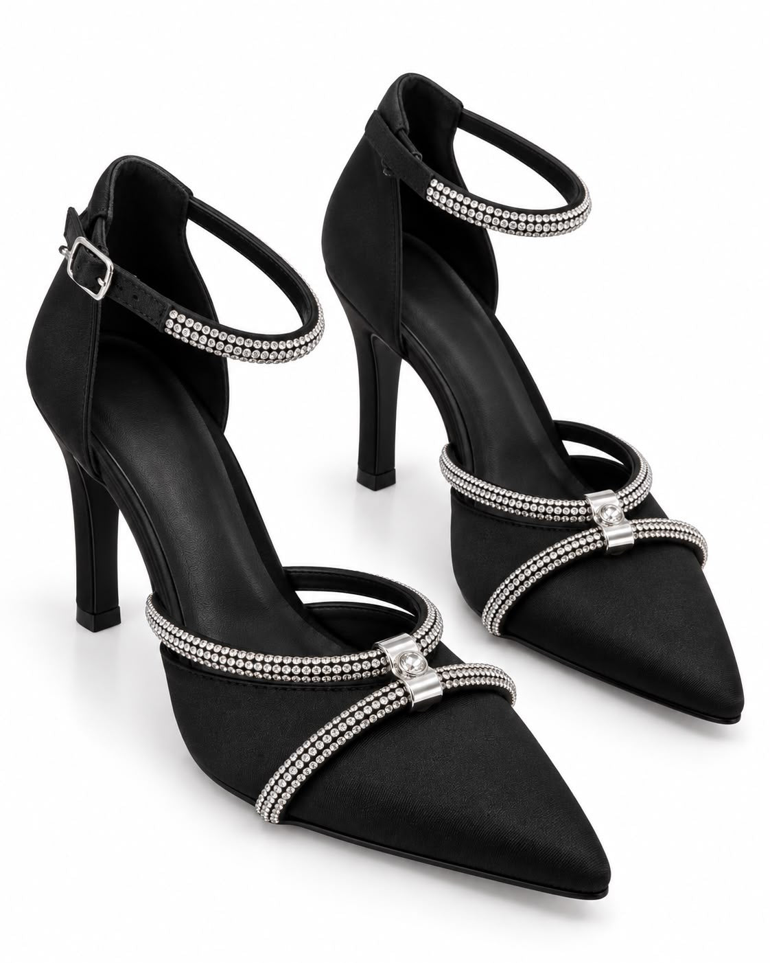 Zapatilla de Fiesta Tiras Cruzadas Con Pedrería Tacón 10CM- Negro