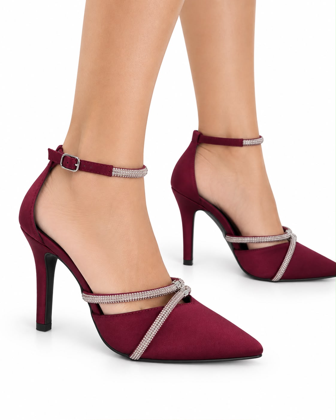 Zapatilla de Fiesta Tiras Cruzadas Con Pedrería Tacón 10CM- Vino