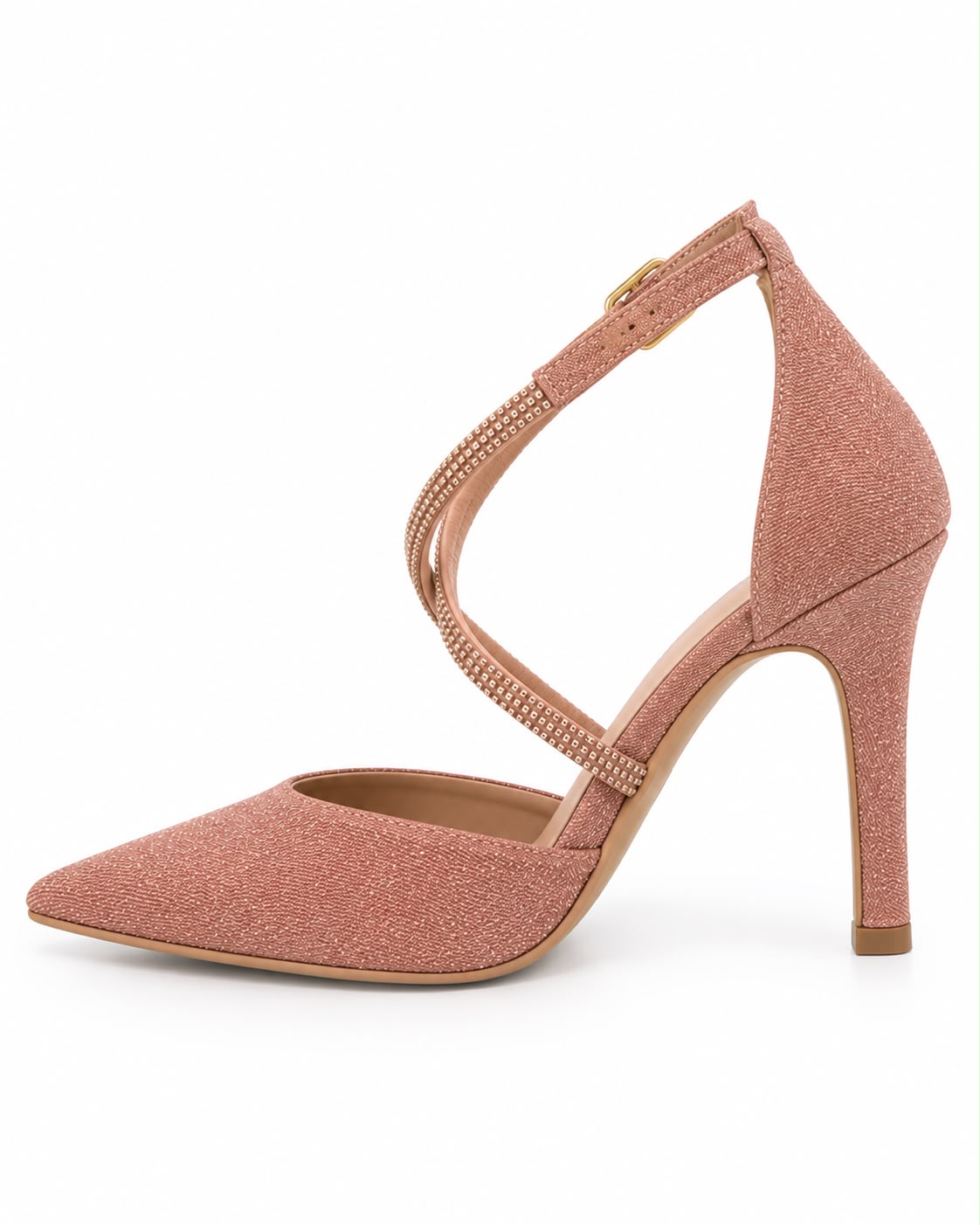 Zapatilla Puntal de Tiras con Pedrería Tacón Fino 10CM  para Mujer-25 | Oro Rosado