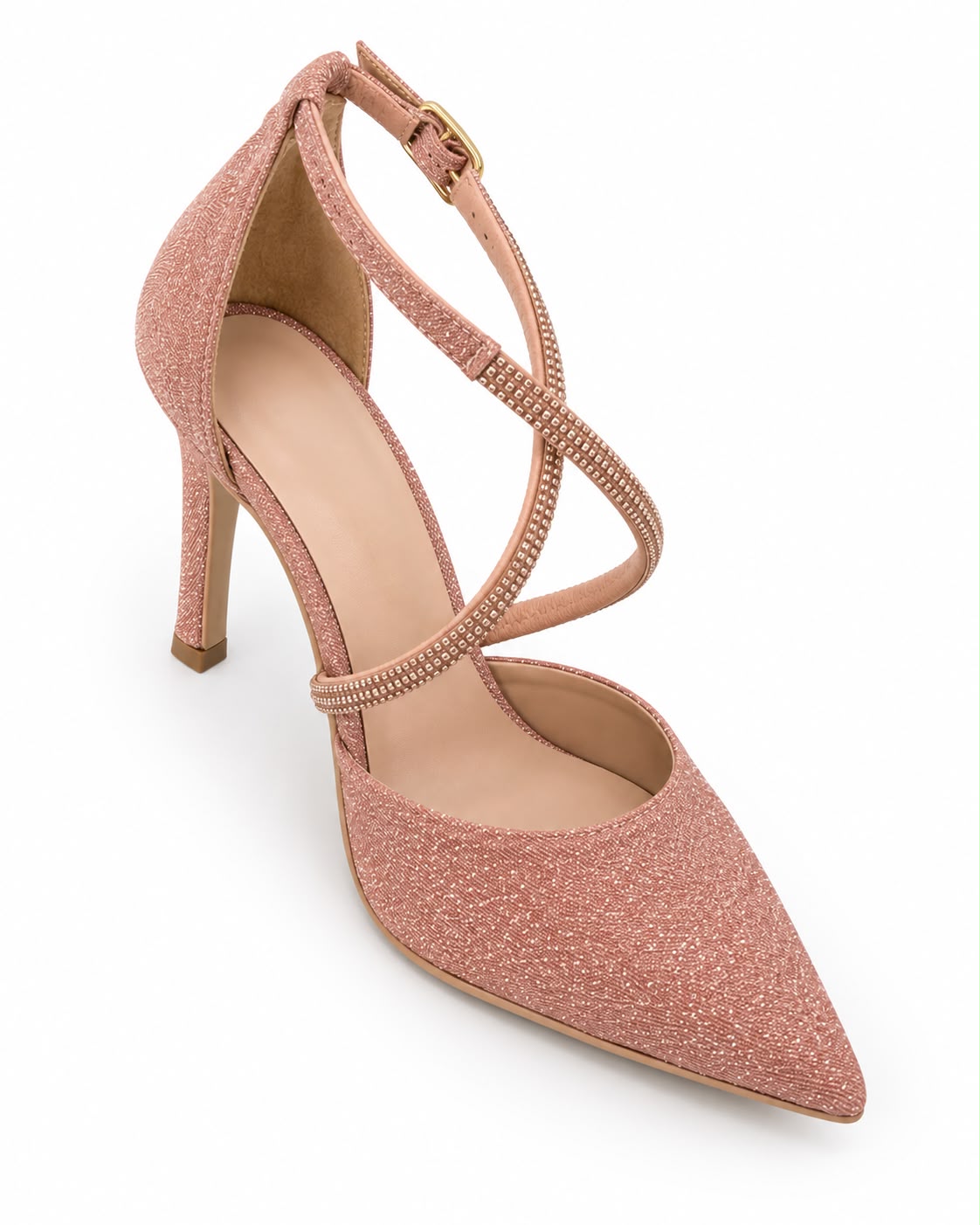 Zapatilla Puntal de Tiras con Pedrería Tacón Fino 10CM  para Mujer-25 | Oro Rosado
