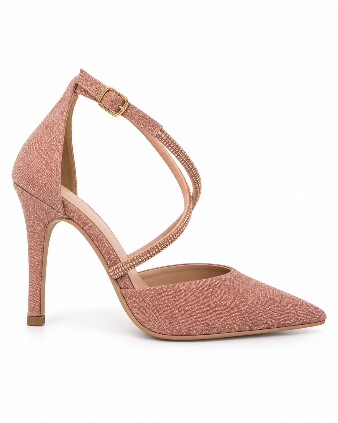 Zapatilla Puntal de Tiras con Pedrería Tacón Fino 10CM  para Mujer-25 | Oro Rosado