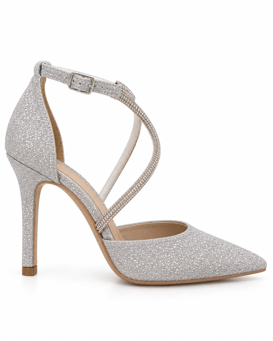 Zapatilla Puntal de Tiras con Pedrería Tacón Fino 10CM para Mujer-25 | Plata