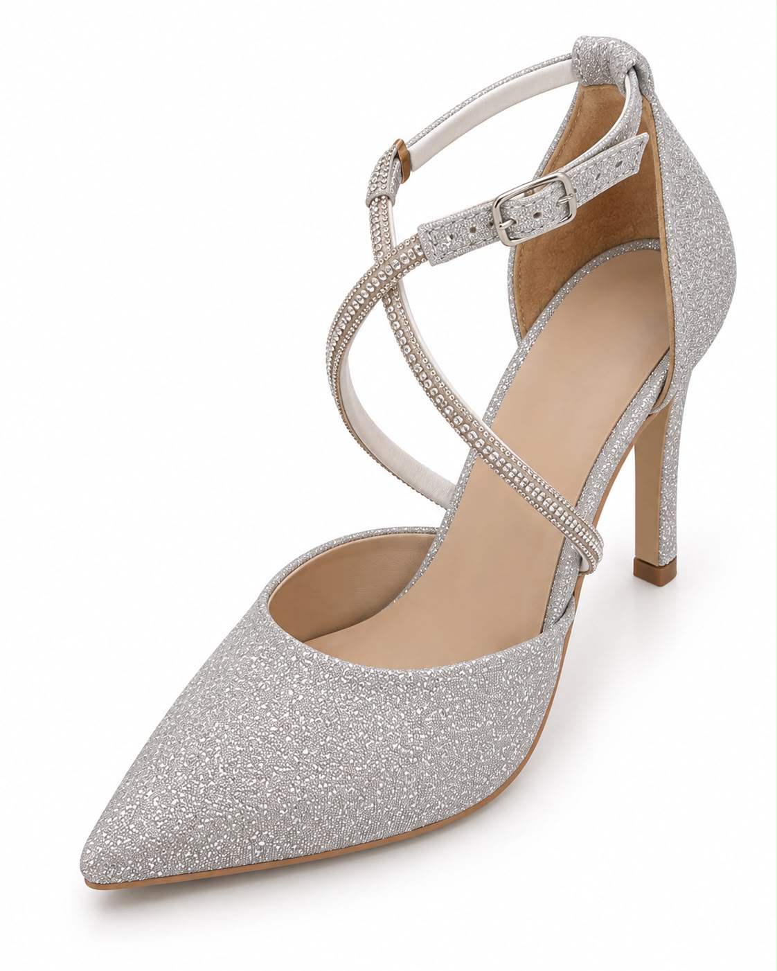 Zapatilla Puntal de Tiras con Pedrería Tacón Fino 10CM para Mujer-25 | Plata