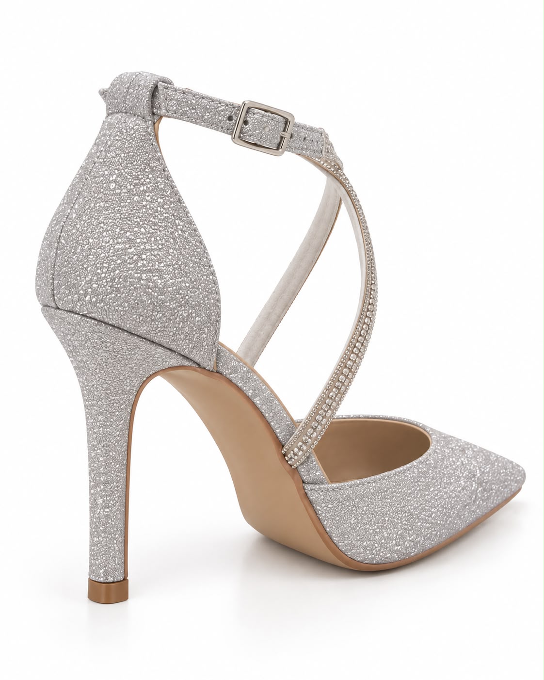 Zapatilla Puntal de Tiras con Pedrería Tacón Fino 10CM para Mujer-25 | Plata