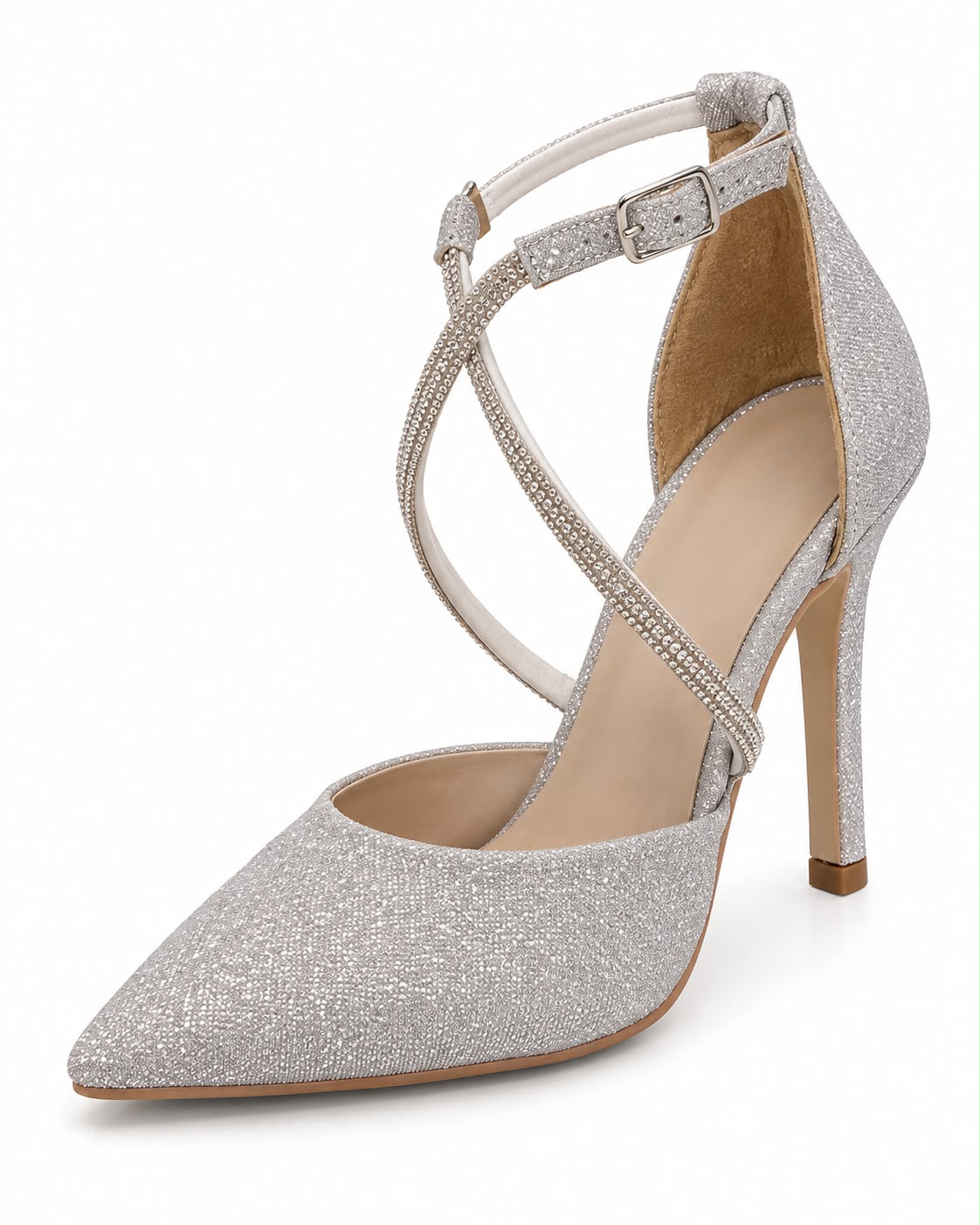 Zapatilla Puntal de Tiras con Pedrería Tacón Fino 10CM para Mujer-25 | Plata