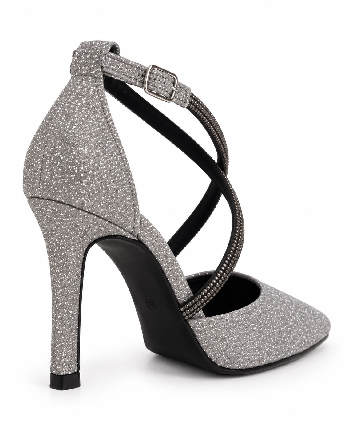 Zapatilla Puntal de Tiras con Pedrería Tacón Fino 10CM  para Mujer-25 | Inox