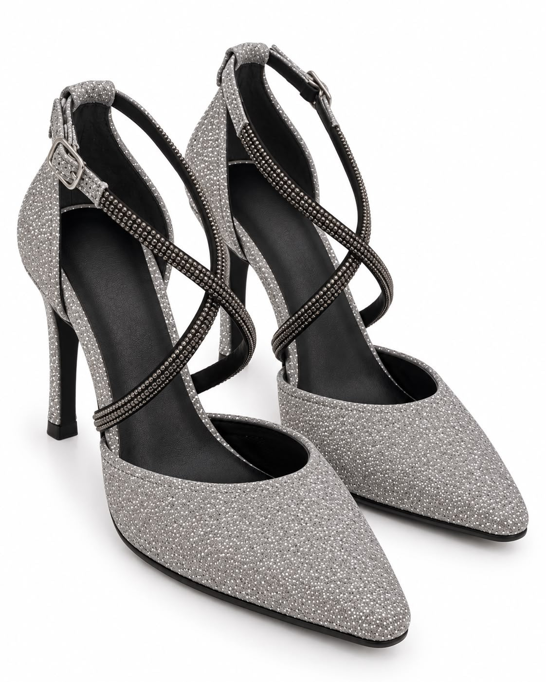 Zapatilla Puntal de Tiras con Pedrería Tacón Fino 10CM  para Mujer-25 | Inox
