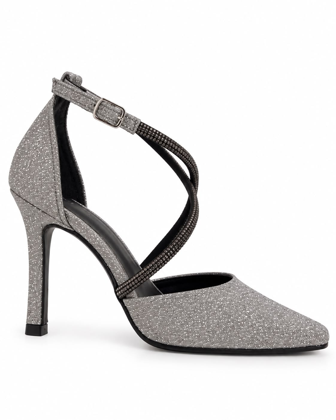 Zapatilla Puntal de Tiras con Pedrería Tacón Fino 10CM para Mujer-25 | Plata