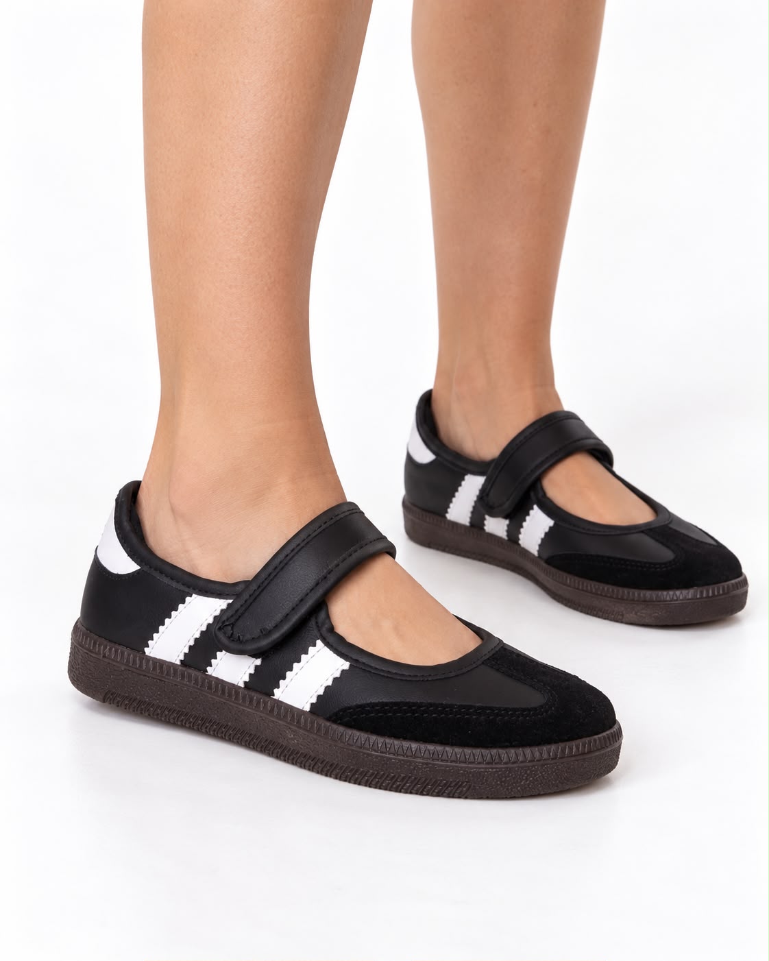 Tenis Flat Estilo Retro Deportivo con Broche 1CM para Mujer-03| Negro Blanco
