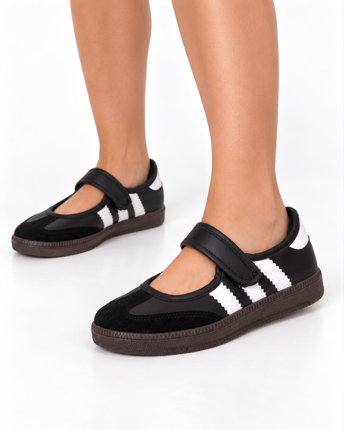 Tenis Flat Estilo Retro Deportivo con Broche 1CM para Mujer-03| Negro Blanco
