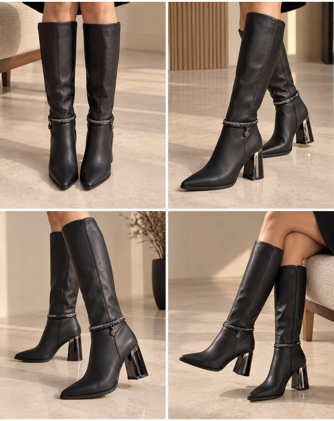 Bota Negra Larga Con Detalle Metálico Tacón Medio